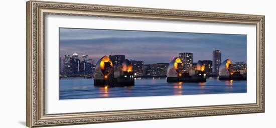 Thames Barrier dusk panorama with Canary Wharf beyond, London, England, United Kingdom, Europe-Charles Bowman-Framed Photographic Print
