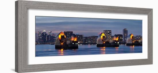 Thames Barrier dusk panorama with Canary Wharf beyond, London, England, United Kingdom, Europe-Charles Bowman-Framed Photographic Print