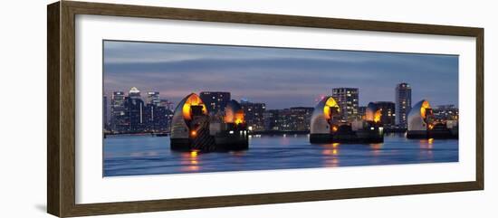 Thames Barrier dusk panorama with Canary Wharf beyond, London, England, United Kingdom, Europe-Charles Bowman-Framed Photographic Print