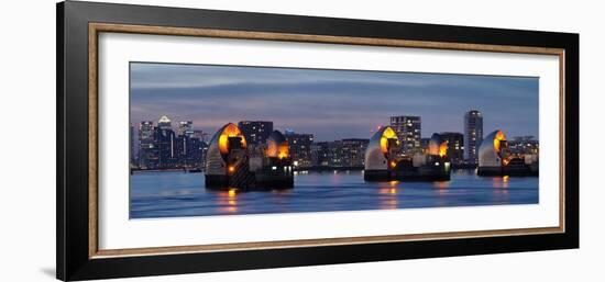 Thames Barrier dusk panorama with Canary Wharf beyond, London, England, United Kingdom, Europe-Charles Bowman-Framed Photographic Print
