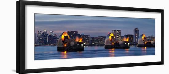 Thames Barrier dusk panorama with Canary Wharf beyond, London, England, United Kingdom, Europe-Charles Bowman-Framed Photographic Print