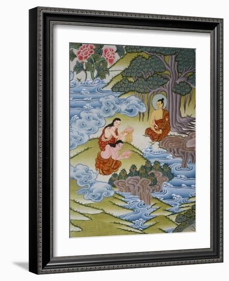 Thangka Painting of Sujata Giving Milk Rice to Buddha, Bhaktapur, Nepal, Asia-Godong-Framed Photographic Print