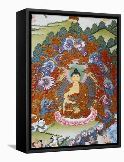 Thangka Painting of the Buddha Sakyamuni Surrounded by Temptation, Bhaktapur, Nepal, Asia-Godong-Framed Premier Image Canvas