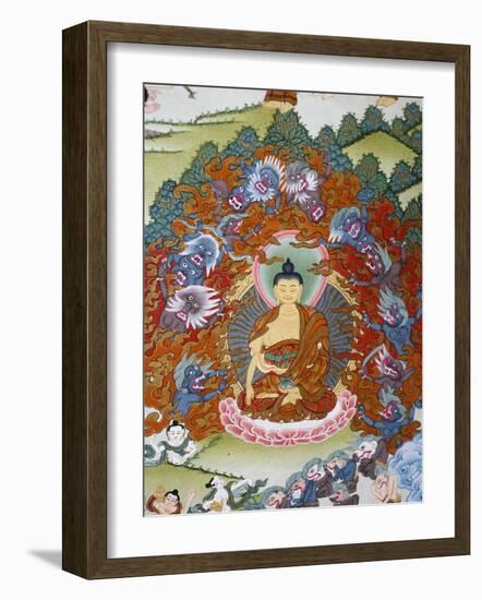Thangka Painting of the Buddha Sakyamuni Surrounded by Temptation, Bhaktapur, Nepal, Asia-Godong-Framed Photographic Print