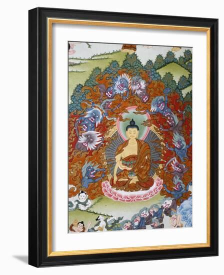 Thangka Painting of the Buddha Sakyamuni Surrounded by Temptation, Bhaktapur, Nepal, Asia-Godong-Framed Photographic Print