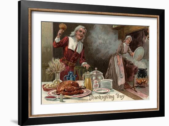 Thanksgiving Day - Pilgrim Dinner Scene-Lantern Press-Framed Art Print