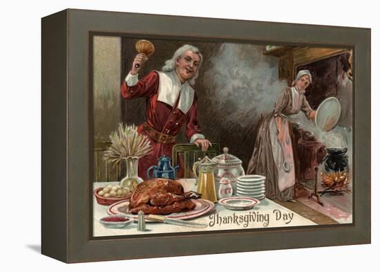 Thanksgiving Day - Pilgrim Dinner Scene-Lantern Press-Framed Stretched Canvas