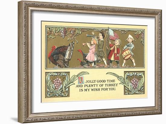 Thanksgiving Greetings, Children Marching Behind Turkey-null-Framed Art Print