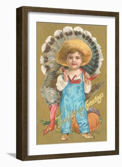 Thanksgiving Greetings, Farmer Boy with Turkey-null-Framed Art Print