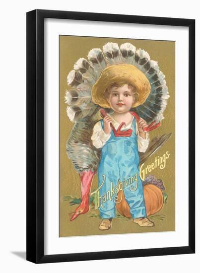 Thanksgiving Greetings, Farmer Boy with Turkey-null-Framed Art Print