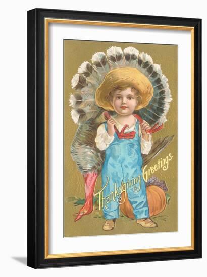 Thanksgiving Greetings, Farmer Boy with Turkey-null-Framed Art Print