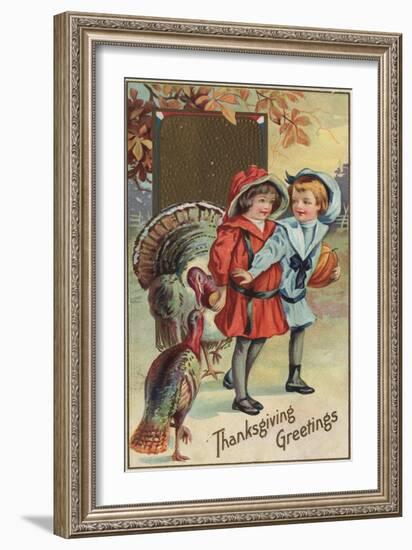 Thanksgiving Greetings - Kids Holding a Pumpkin, Turkeys-Lantern Press-Framed Art Print