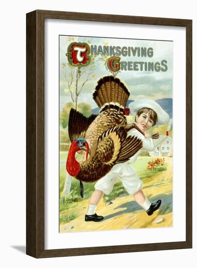 Thanksgiving Greetings Postcard with a Boy Carrying a Turkey-null-Framed Giclee Print