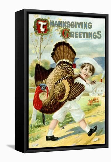 Thanksgiving Greetings Postcard with a Boy Carrying a Turkey-null-Framed Premier Image Canvas