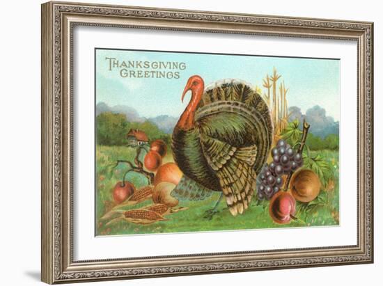 Thanksgiving Greetings, Turkey with Fruits-null-Framed Art Print