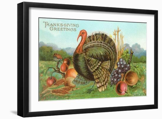 Thanksgiving Greetings, Turkey with Fruits-null-Framed Art Print