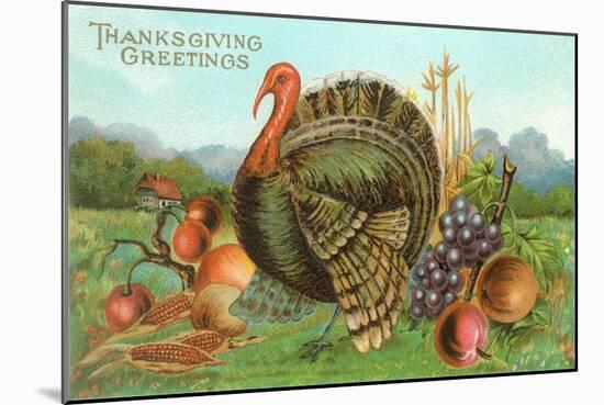 Thanksgiving Greetings, Turkey with Fruits-null-Mounted Art Print