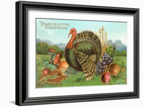 Thanksgiving Greetings, Turkey with Fruits-null-Framed Art Print