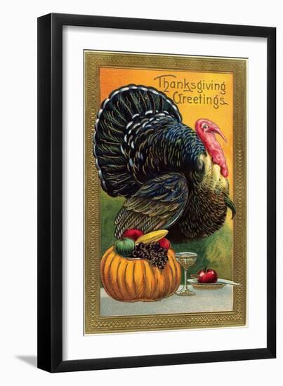 Thanksgiving Greetings, Turkey with Pumpkin, Fruit and Goblet-null-Framed Art Print