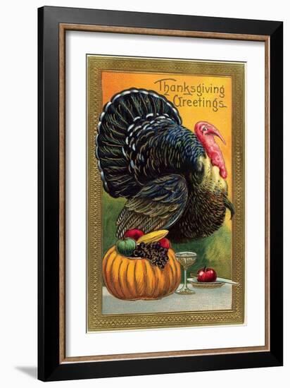 Thanksgiving Greetings, Turkey with Pumpkin, Fruit and Goblet-null-Framed Art Print