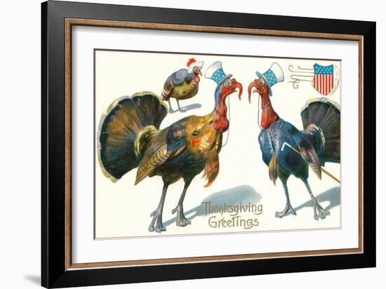 Thanksgiving Greetings, Turkeys in Hats-null-Framed Premium Giclee Print