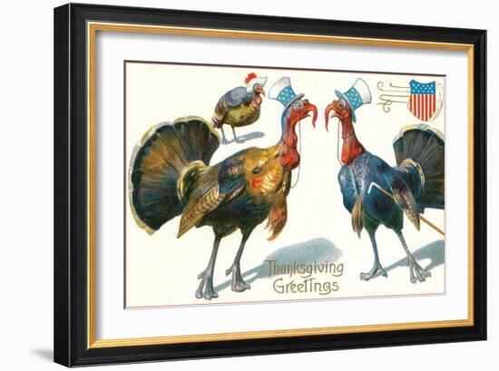 Thanksgiving Greetings, Turkeys in Hats-null-Framed Premium Giclee Print