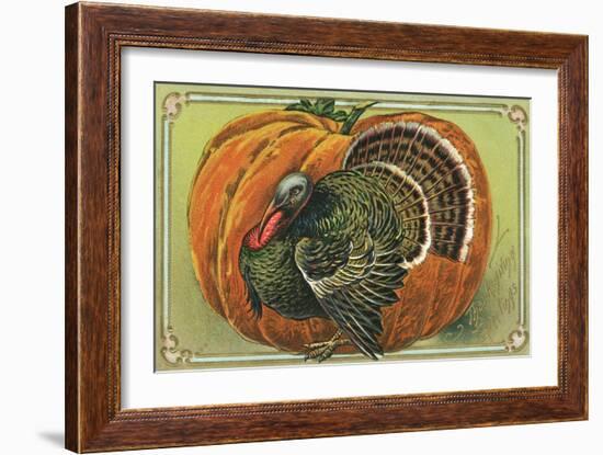 Thanksgiving Greetings with a Turkey and Pumpkin-null-Framed Giclee Print