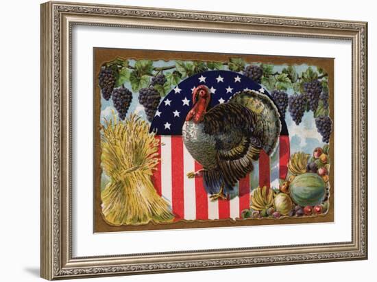 Thanksgiving Postcard with Turkey and Stars and Stripes Motif-null-Framed Giclee Print