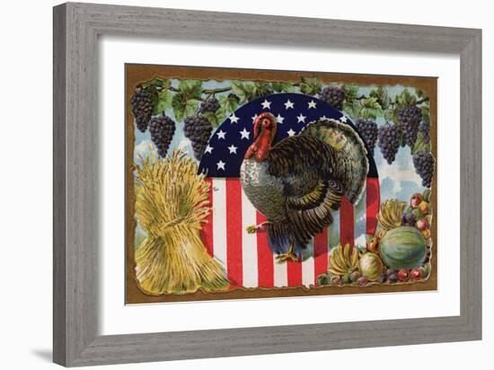 Thanksgiving Postcard with Turkey and Stars and Stripes Motif-null-Framed Giclee Print