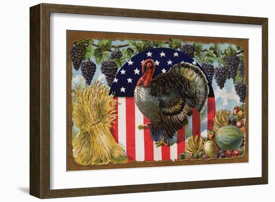 Thanksgiving Postcard with Turkey and Stars and Stripes Motif-null-Framed Giclee Print