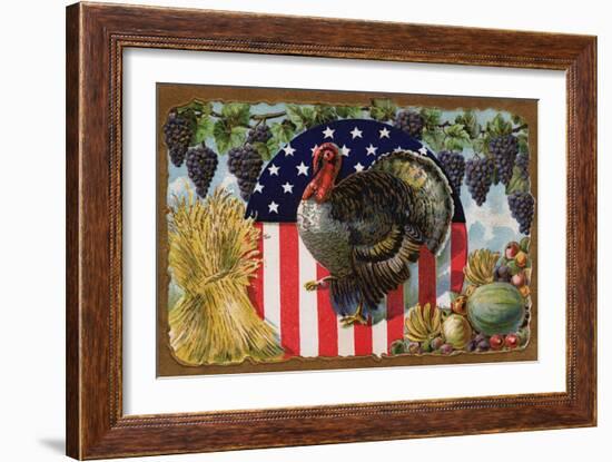 Thanksgiving Postcard with Turkey and Stars and Stripes Motif-null-Framed Giclee Print