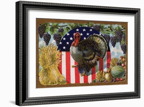 Thanksgiving Postcard with Turkey and Stars and Stripes Motif-null-Framed Giclee Print