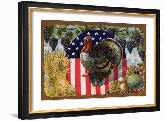 Thanksgiving Postcard with Turkey and Stars and Stripes Motif-null-Framed Giclee Print