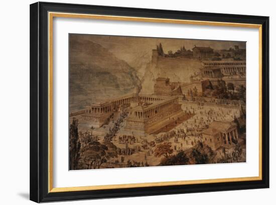 The Acropolis at Pergamon . Turkey. Altar of Zeus. Imaginary Reconstruction by German Painter Fried-null-Framed Giclee Print