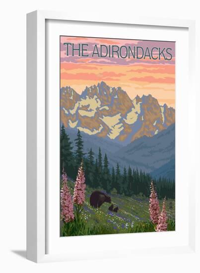 The Adirondacks - Bear and Spring Flowers-Lantern Press-Framed Art Print