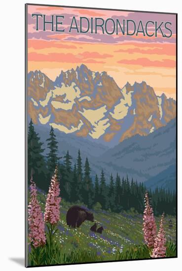 The Adirondacks - Bear and Spring Flowers-Lantern Press-Mounted Art Print