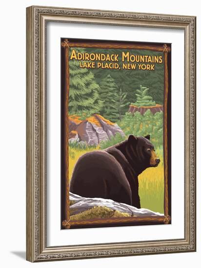 The Adirondacks - Lake Placid, New York - Black Bear in Forest-Lantern Press-Framed Art Print