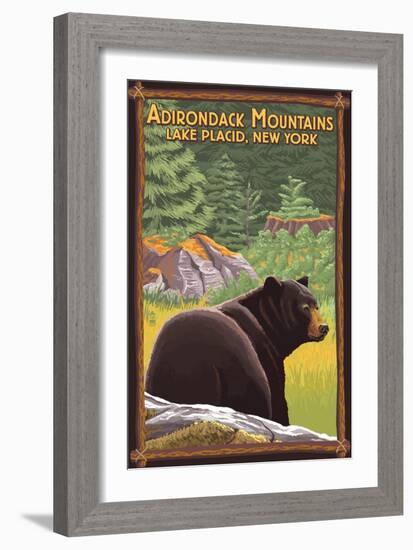 The Adirondacks - Lake Placid, New York - Black Bear in Forest-Lantern Press-Framed Art Print