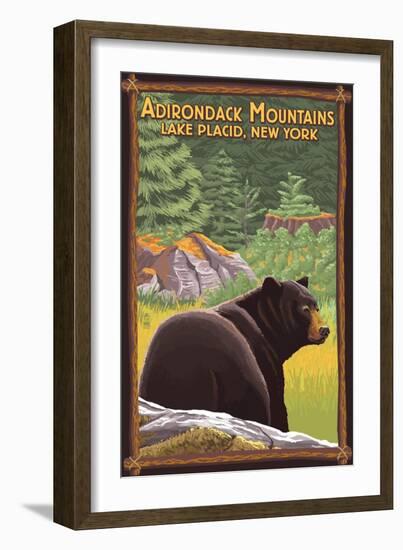 The Adirondacks - Lake Placid, New York - Black Bear in Forest-Lantern Press-Framed Art Print