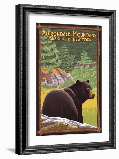 The Adirondacks - Lake Placid, New York - Black Bear in Forest-Lantern Press-Framed Art Print