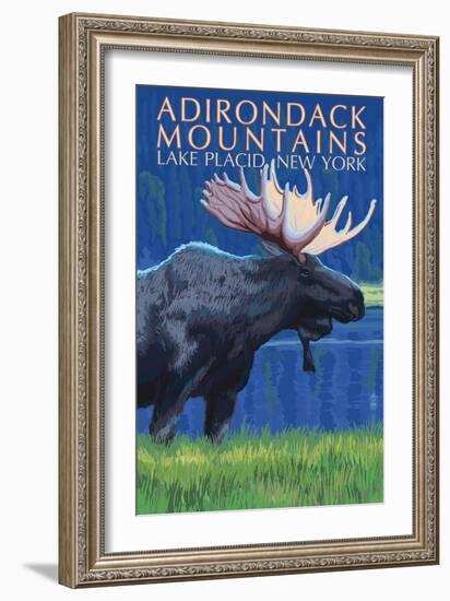 The Adirondacks - Lake Placid, New York State - Moose at Night-Lantern Press-Framed Art Print