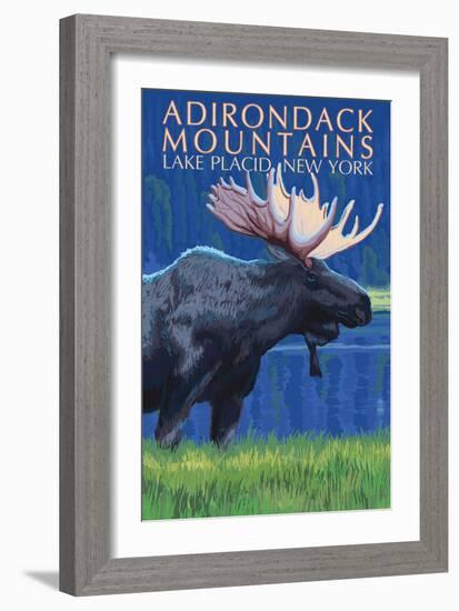The Adirondacks - Lake Placid, New York State - Moose at Night-Lantern Press-Framed Art Print