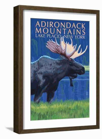 The Adirondacks - Lake Placid, New York State - Moose at Night-Lantern Press-Framed Art Print