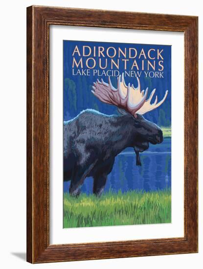 The Adirondacks - Lake Placid, New York State - Moose at Night-Lantern Press-Framed Art Print