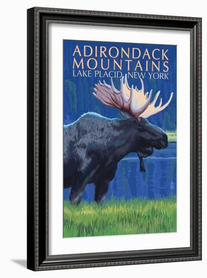 The Adirondacks - Lake Placid, New York State - Moose at Night-Lantern Press-Framed Art Print