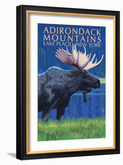 The Adirondacks - Lake Placid, New York State - Moose at Night-Lantern Press-Framed Art Print