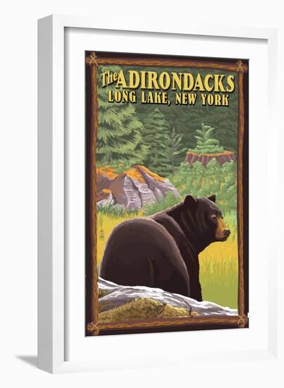 The Adirondacks - Long Lake, New York State - Black Bear in Forest-Lantern Press-Framed Art Print