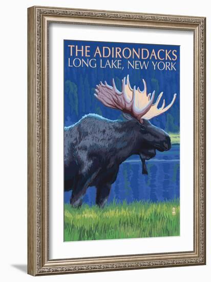 The Adirondacks - Long Lake, New York State - Moose at Night-Lantern Press-Framed Art Print