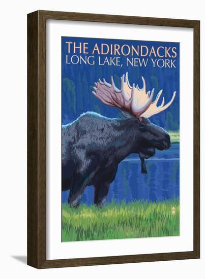 The Adirondacks - Long Lake, New York State - Moose at Night-Lantern Press-Framed Art Print