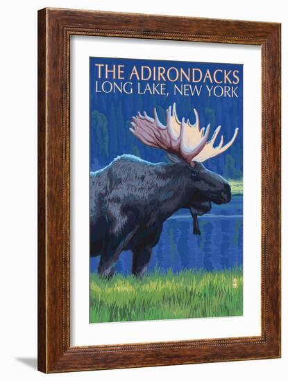 The Adirondacks - Long Lake, New York State - Moose at Night-Lantern Press-Framed Art Print